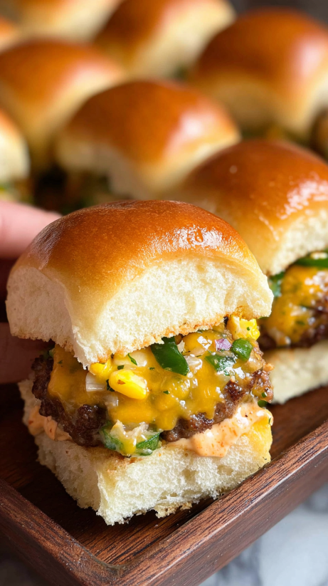 Eine Person hält eine Platte mit zwei Street Corn Cheeseburger Sliders.