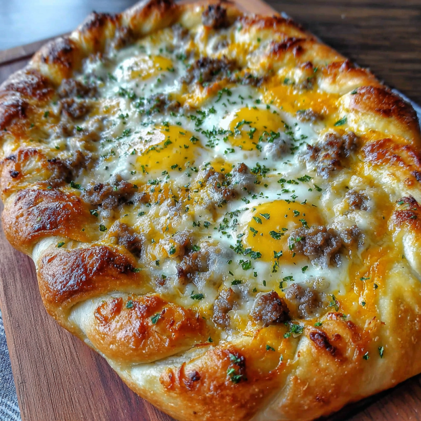 Ein Sausage Gravy Breakfast Pizza auf einem Tisch.