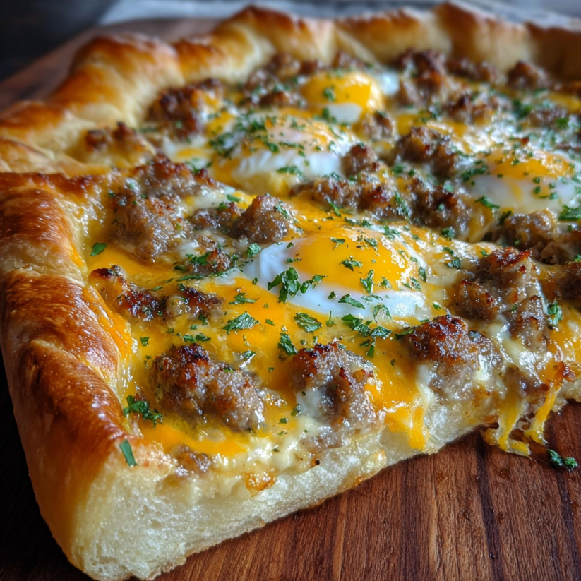 Ein Sausage Gravy Breakfast Pizza auf einem Tisch.