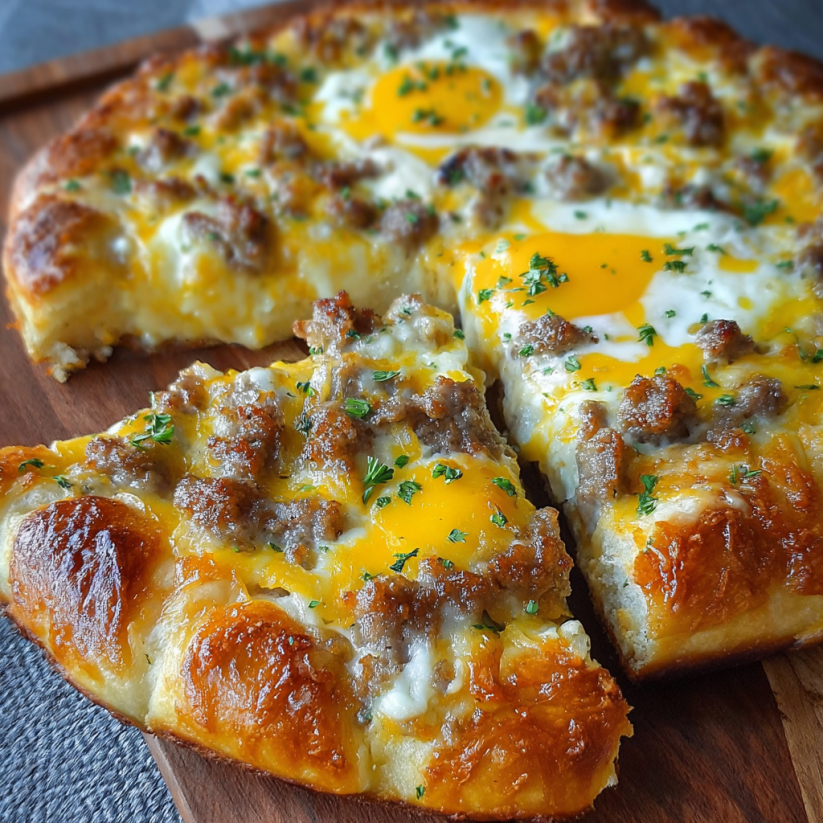 Ein Stück Sausage Gravy Breakfast Pizza auf einem Brett.