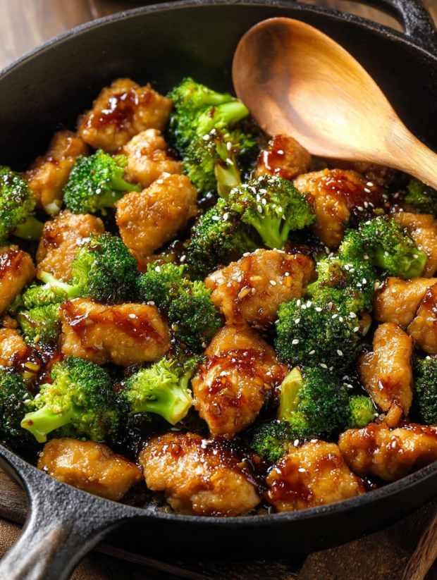 Ein Bild von Honey Sesame Chicken und Broccoli.