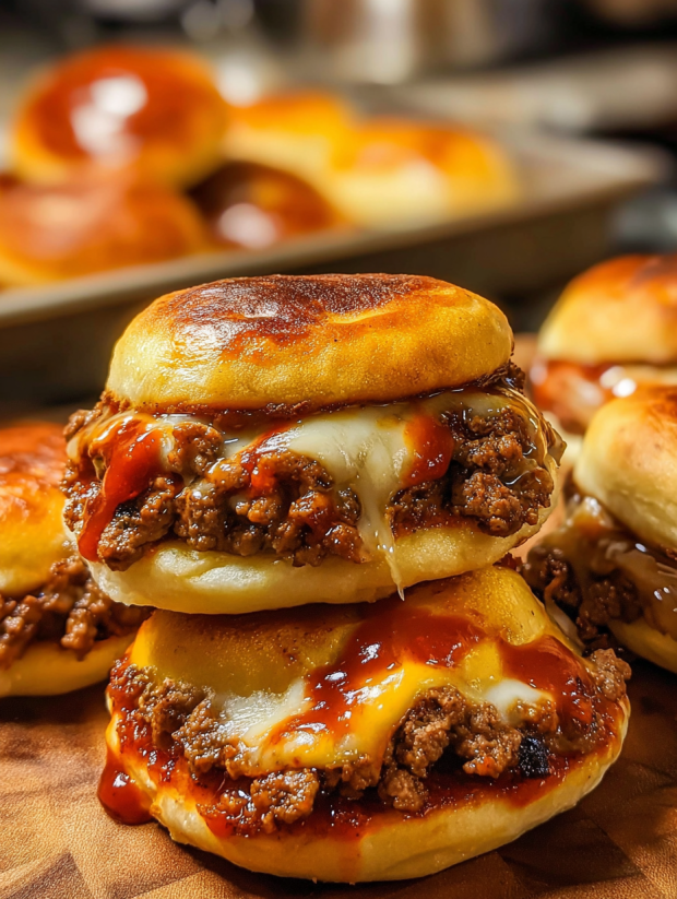 Eine Schicht von Cheese und Sauce auf einem Baguette.