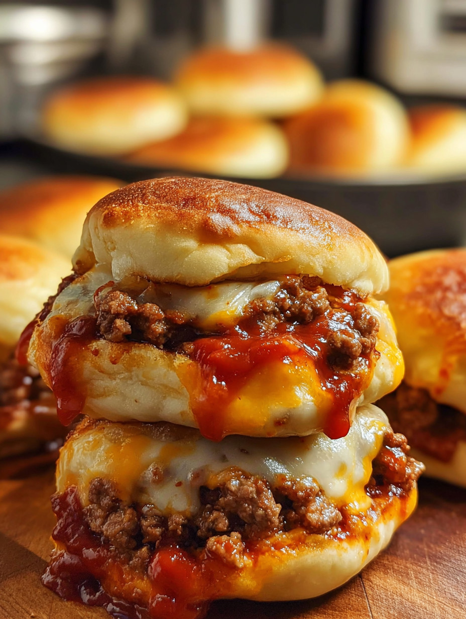 Eine Schicht aus Sandwiches mit Käse und Sauce auf einem Teller.