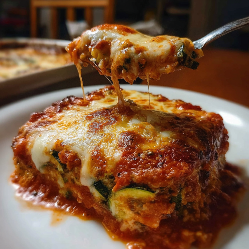 Ein Zucchini-Ricotta-Kuchen mit einer Schüssel voller Sauce.