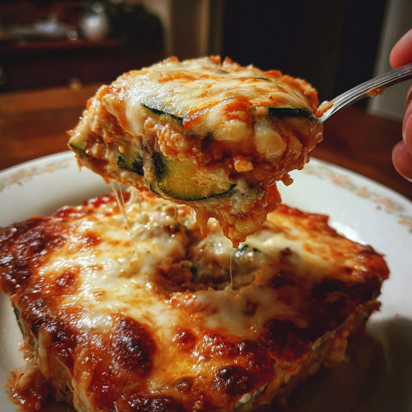 Ein Stück Zucchini-Ricotta-Käsekuchen wird mit einer Gabel aufgenommen.
