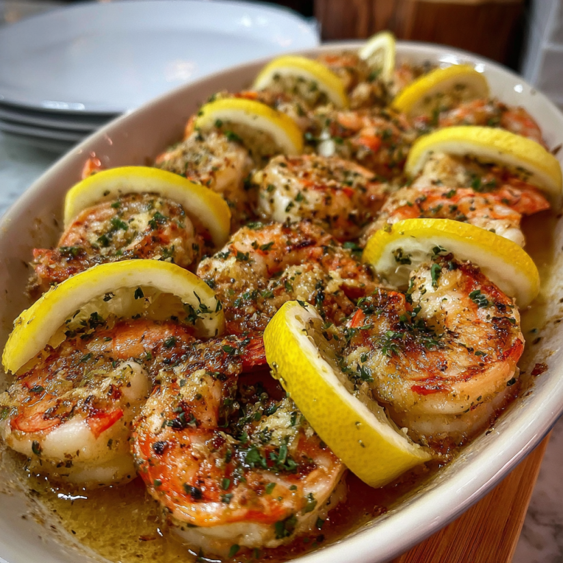 Ein Baked Italian Shrimp Lemon in einem wei&szlig;en Teller.