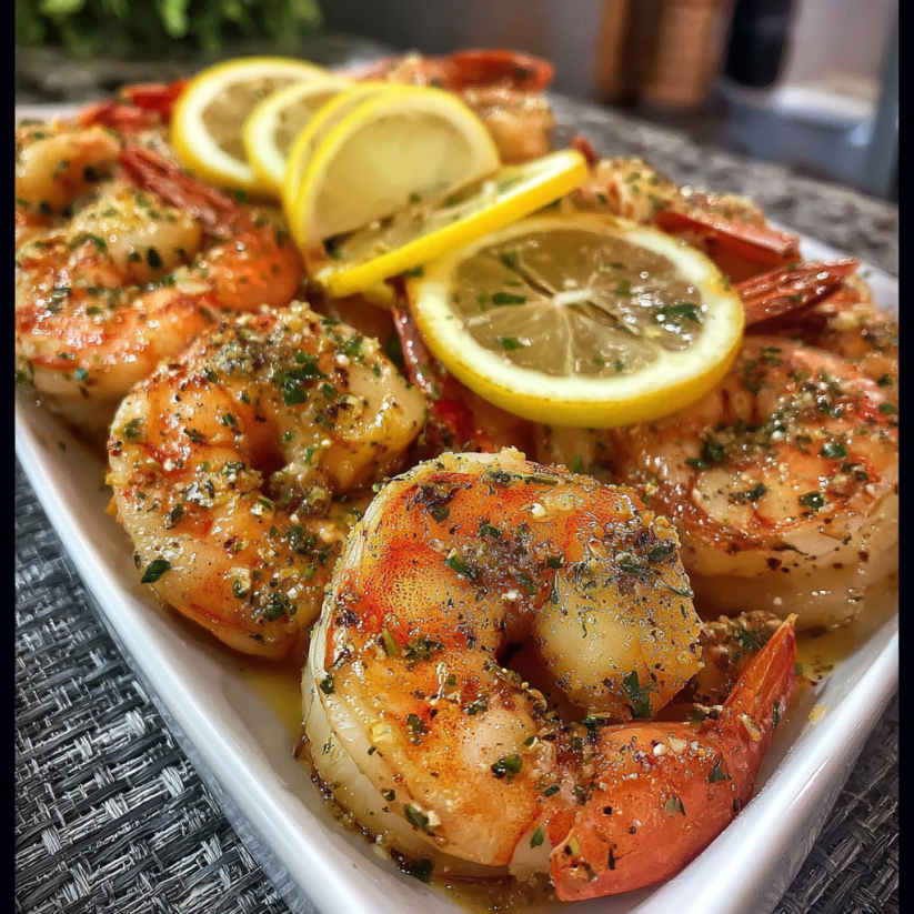 Ein wei&szlig;er Teller mit frisch zubereiteten italienischen Garnelen, die in einer Sauce gegeben sind. Die Garnelen sind in verschiedenen Gr&ouml;&szlig;en und St&uuml;cken, und es gibt auch einige Zitronen, die als Beilage dienen.