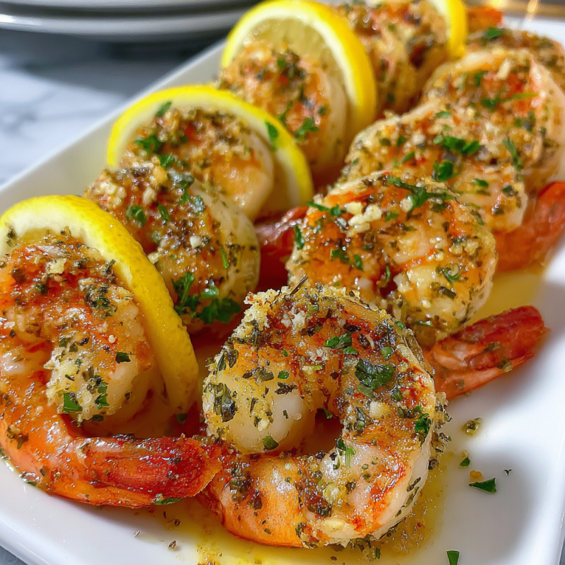 Eine Platte mit frisch zubereiteten italienischen Garnelen, die mit Zitronen und Gewürzen zubereitet wurden.