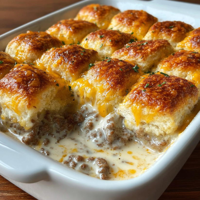Ein weißer Teller mit Biscuit and Gravy Casserole.