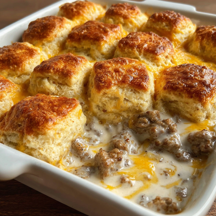 Ein weißer Teller mit Biscuit and Gravy Casserole.