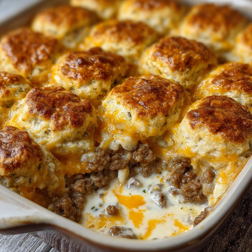 Ein Biscuit and Gravy Casserole in einem weißen Teller.