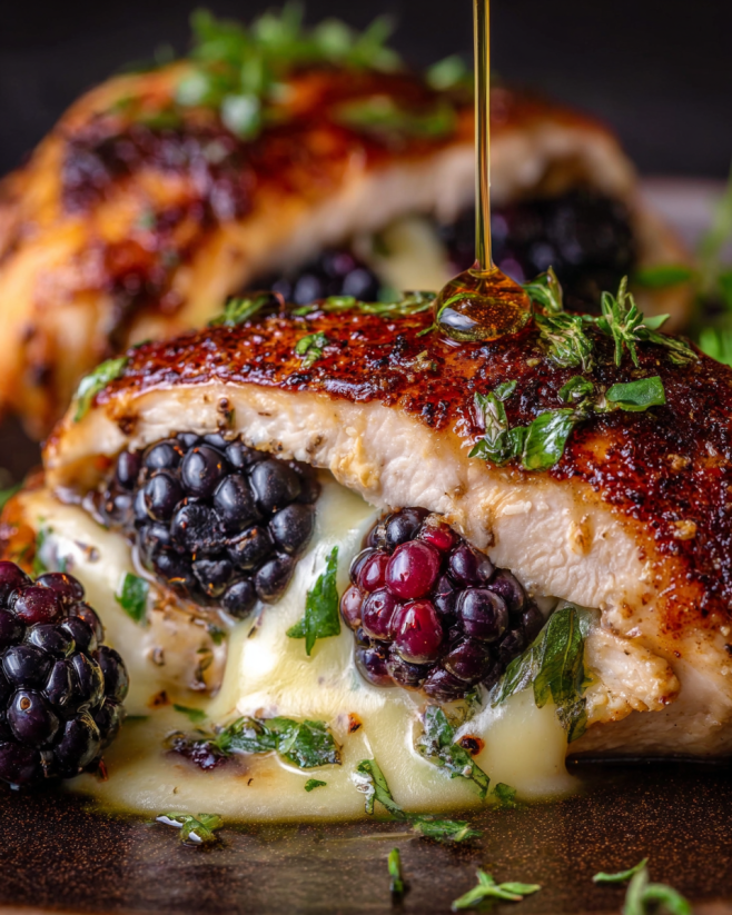 Eine Schüssel mit einem Stück von "Melty Blackberry Jalapeno Chicken" auf einem Teller.