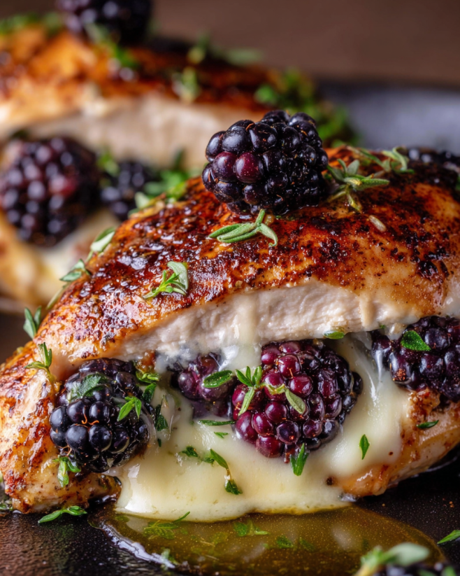 Ein Stück von "Melty Blackberry Jalapeno Chicken" mit grünen Zwiebeln darauf.