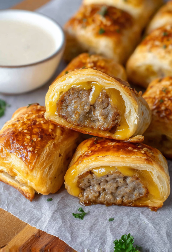 Ein Rezept f&uuml;r Sausage-Rolls, die in einer Sch&uuml;ssel mit Sauce gegeben werden.