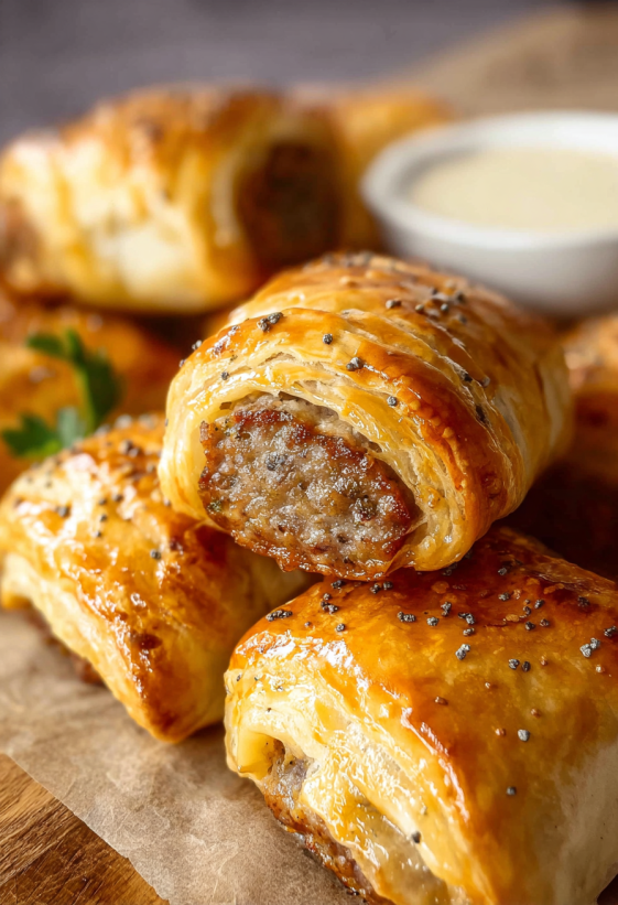 Ein Bild von Sausage-Rolls, die in einer Schüssel mit Sauce gegeben werden.