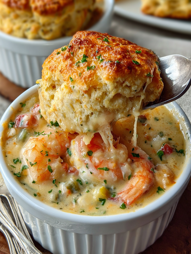 Ein weißer Becher mit einer Mischung aus Seefood und Cheddar Bay Biscuit.