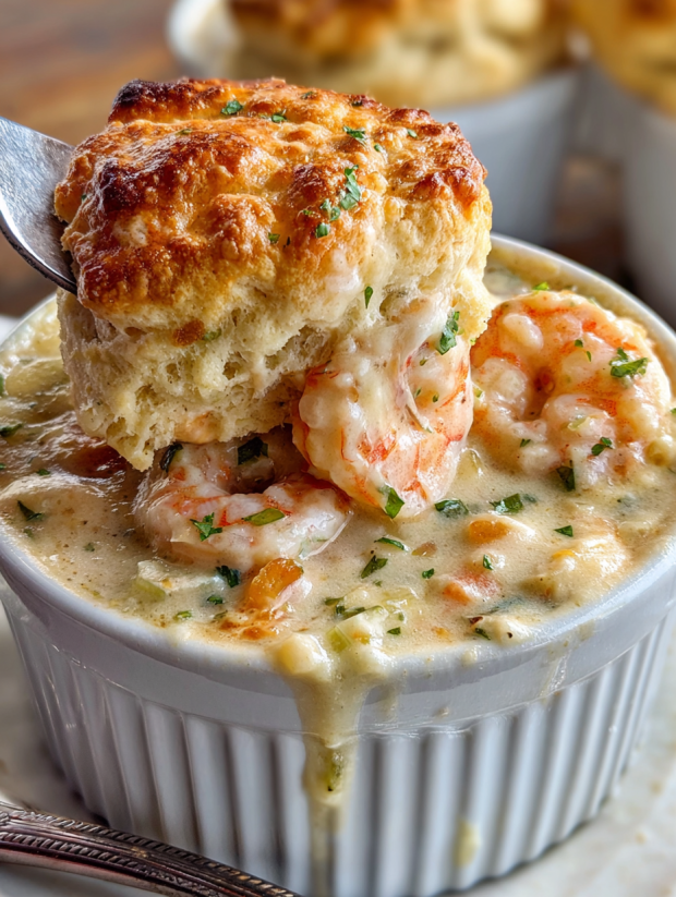 Ein weißer Teller mit einer Suppe, die aus Cheddar Bay Biscuit, Shrimp und Tomaten gemacht ist.