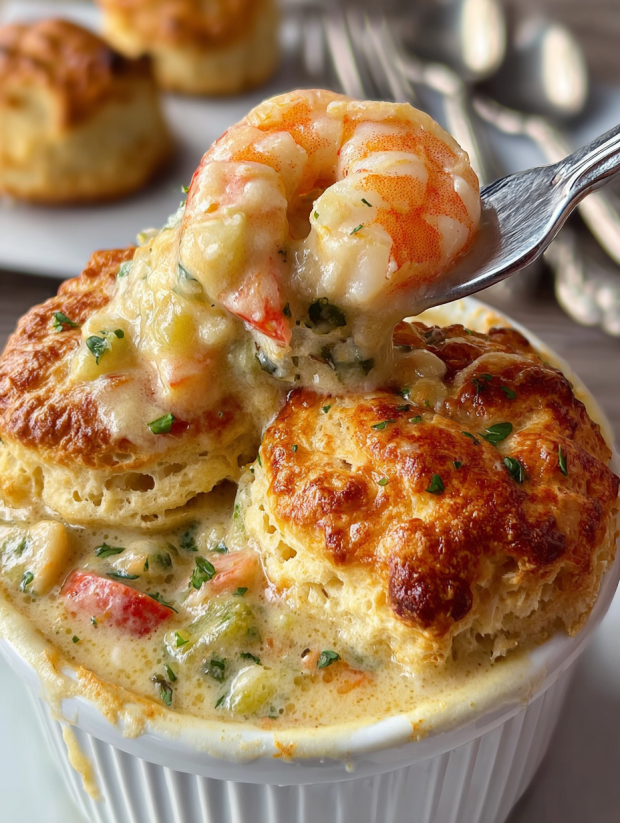 Ein Bild von einer Cheddar Bay Biscuit Seafood Pot Pie, die mit einer Gabel gestochen wird.