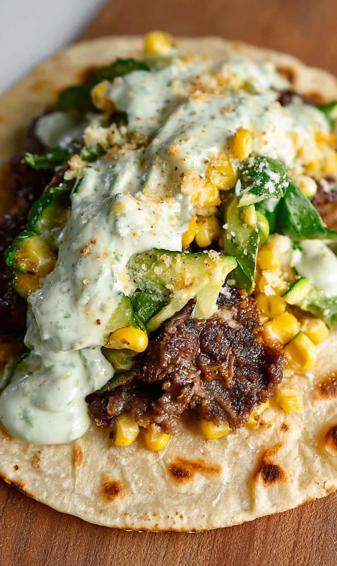 Ein Burger mit Kartoffeln, Zwiebeln und Käse auf einer Tortilla.