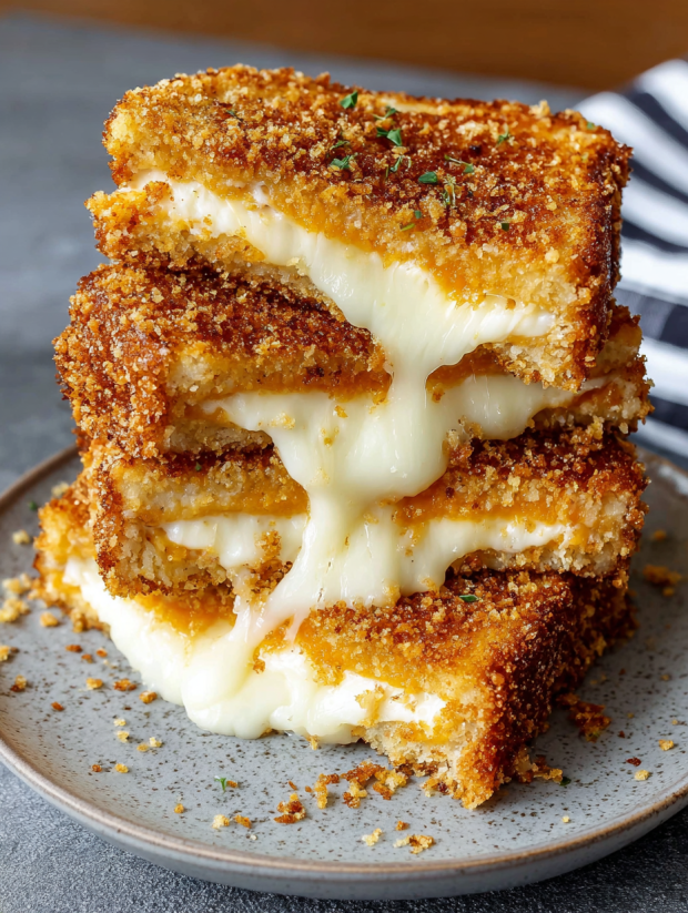 Eine Platte mit drei Sandwiches, die mit Mozzarella in Carrozza belegt sind.