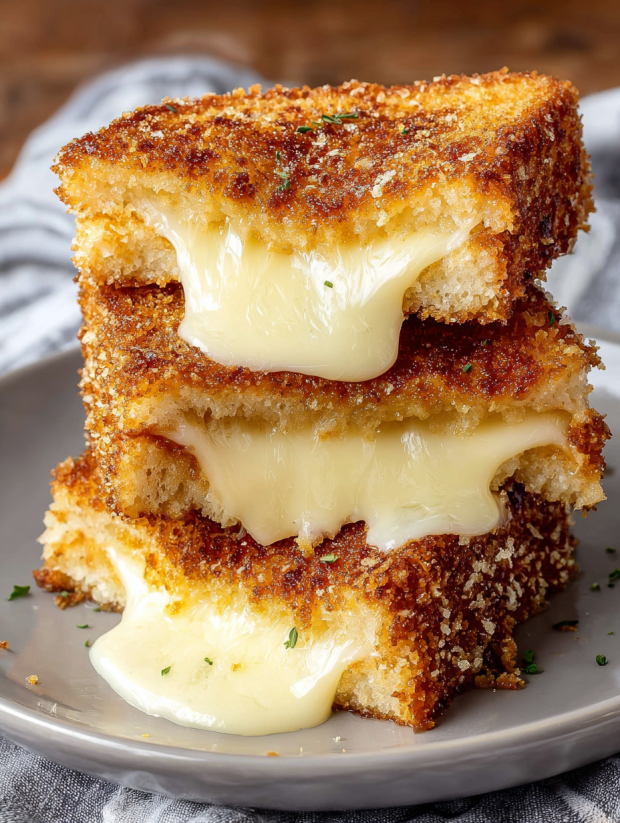 Eine Platte mit drei Scheiben "Mozzarella in Carrozza" auf einem Tisch.