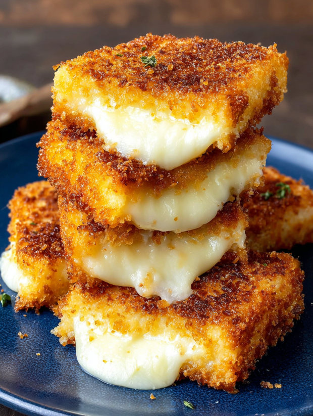 Eine Platte mit drei Scheiben Mozzarella in Carrozza auf einem Teller.