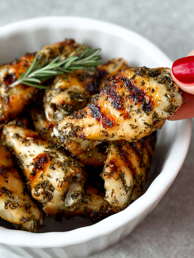 Ein weißer Teller mit grilled chicken nuggets, die mit Parsley garniert sind.