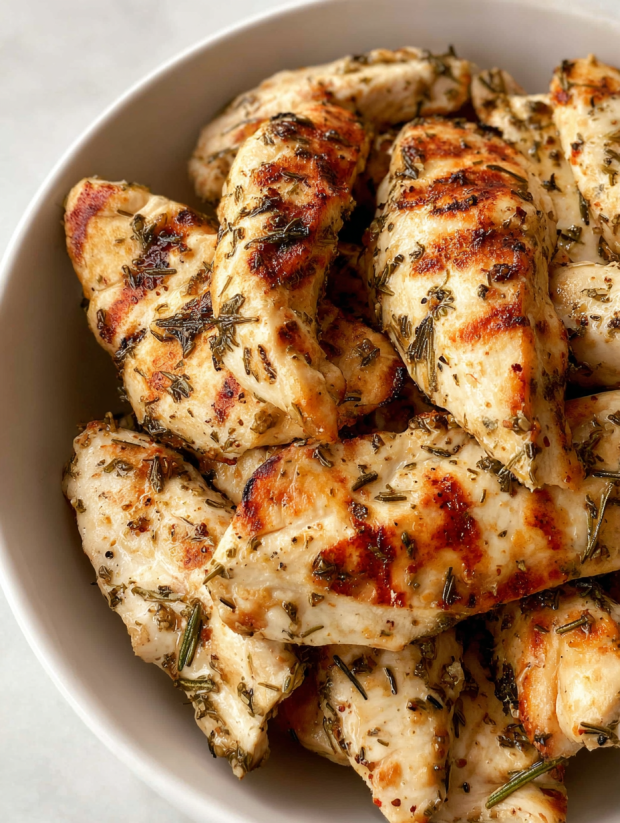 Ein weißer Teller mit grilled chicken nuggets, die mit Zwiebeln und Gewürzen zubereitet sind.