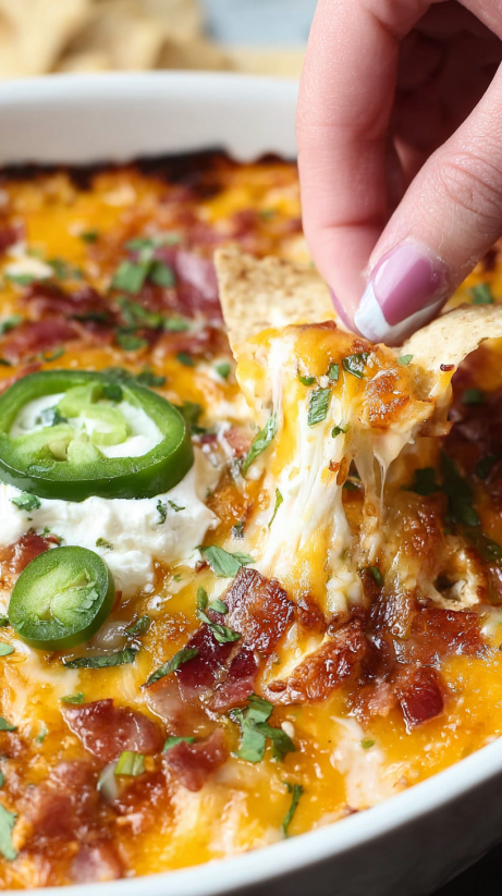 Eine Person hält eine Schüssel mit einem Baked Chuy's Jalapeno Chicken Dip.
