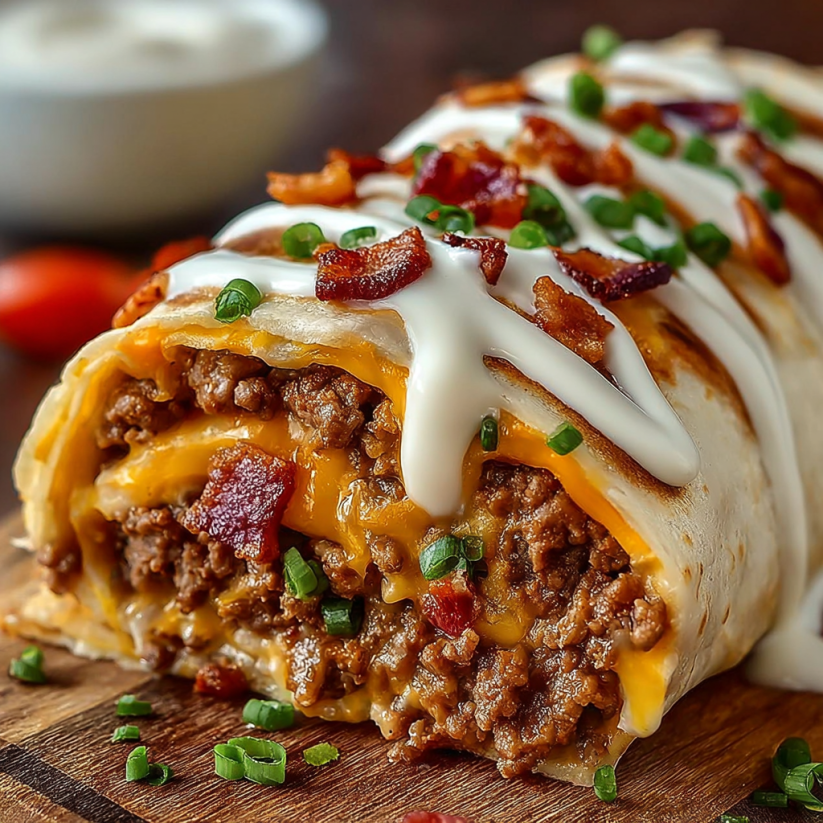Ein Burrito mit Bacon, Käse und Tomaten.
