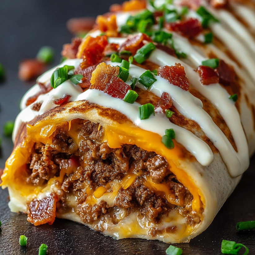 Ein Burrito mit Bacon und Käse, der auf einem Tisch liegt.