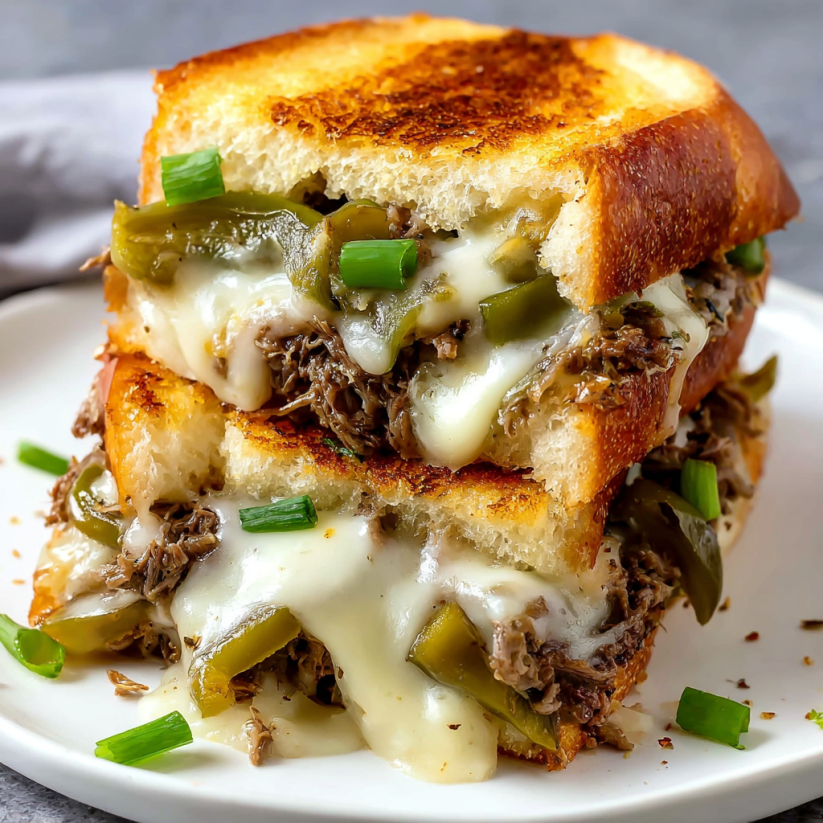 Ein Sandwich, das aus Steak, Käse und grünen Zwiebeln besteht, wird auf einem weißen Teller präsentiert.