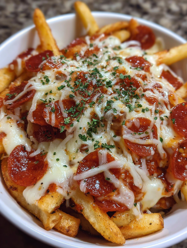 Ein Bild von einer Schüssel mit Pepperoni Pizza Fries, die mit Käse und Zwiebeln garniert sind.