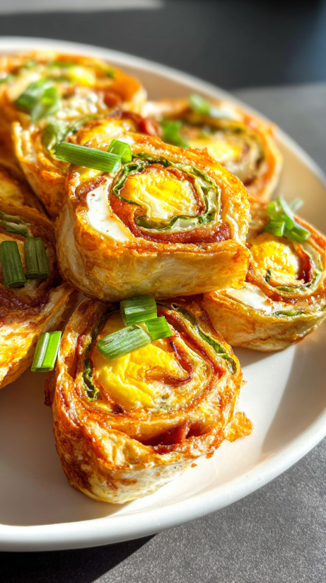 Ein Plate mit Toasted Pinwheel Sandwiches, die mit Jalapeno Poppers und Zwiebeln garniert sind.