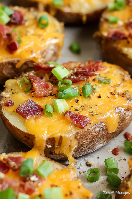 Ein Loaded Baked Potato Slices, der mit Bacon, Kartoffeln und Zwiebeln garniert ist.
