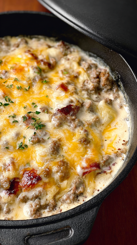 Ein Schmelztopf mit Philadelphia Cheesesteak Dip, der mit Bacon und Zwiebeln garniert ist.