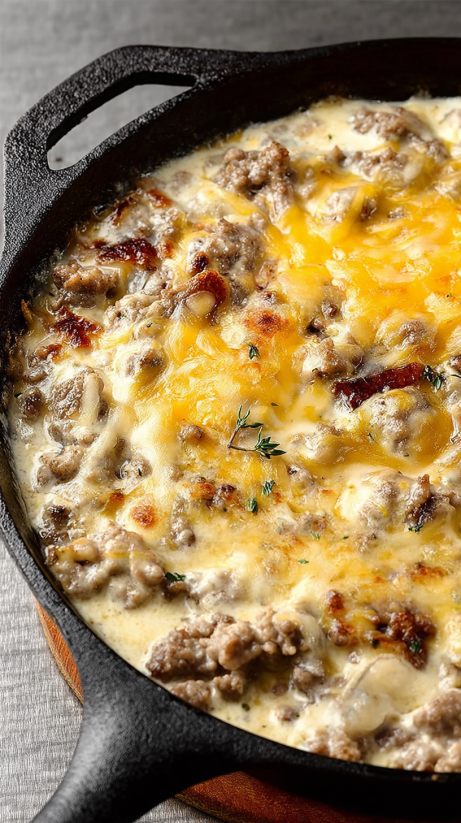 Ein Schmelztopf mit Philadelphia Cheesesteak Dip.