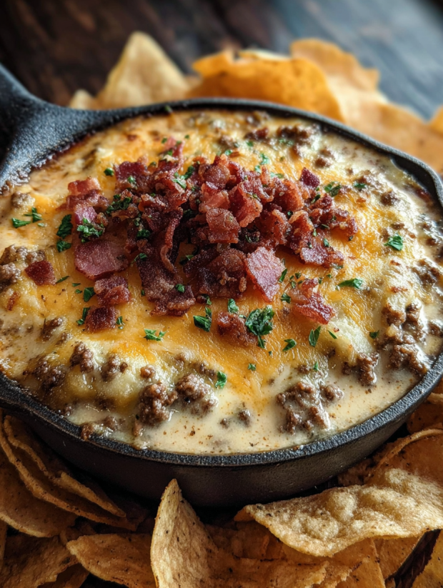 Ein Schmelztiegel mit Bacon, K&auml;se und Pommes frites.