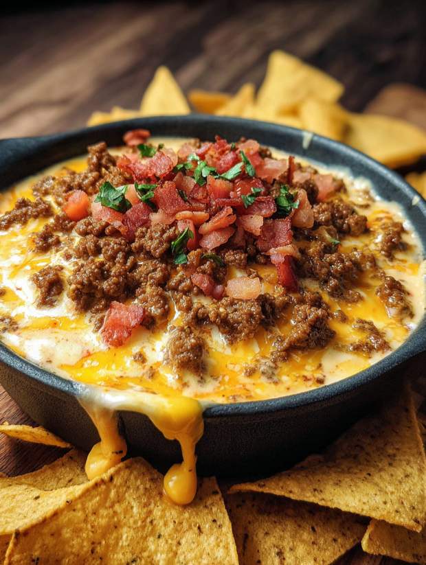 Ein Schmelztopf mit Sizzling Bacon Cheeseburger Dip.