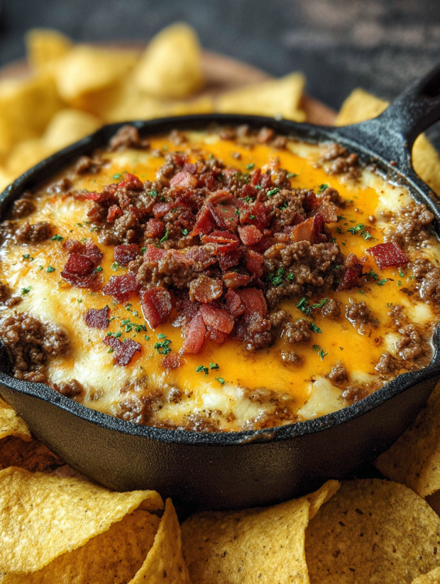 Ein Schmelztiegel mit Bacon-Cheeseburger-Dip.