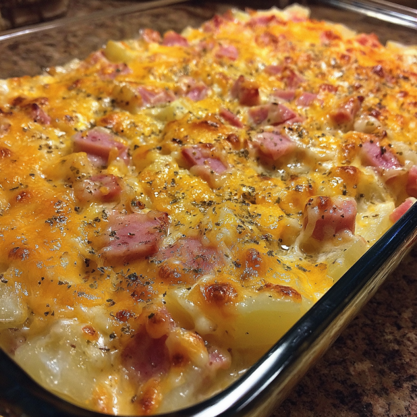 Ein großes, leckeres Ham-Potato-Kasserole-Gericht in einem gläsernen Behälter.