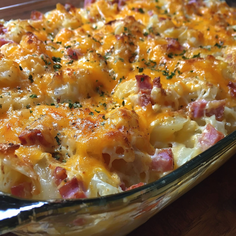 Ein großes, leckeres Casserole-Gericht, das aus Kartoffeln, Ham, Käse und Pasta zubereitet wurde.