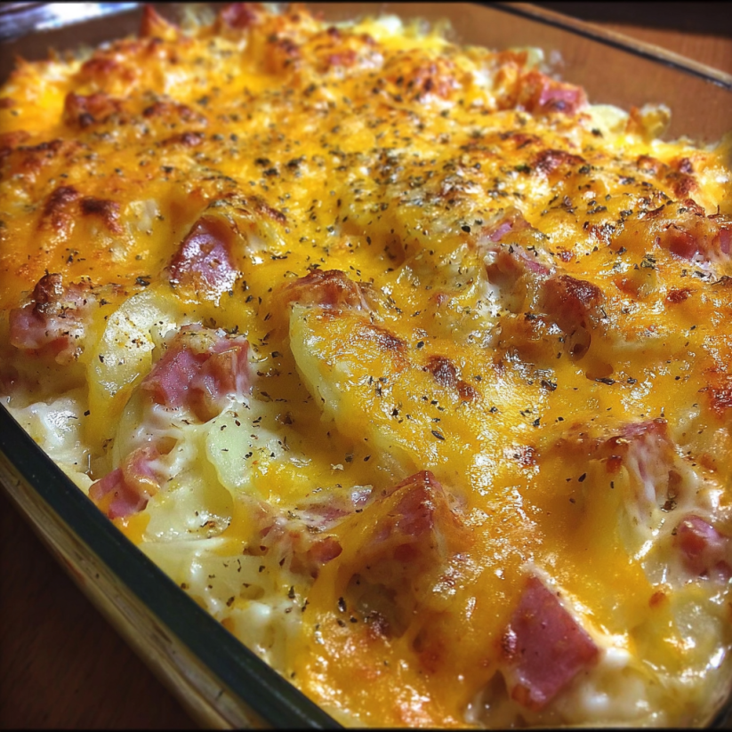 Ein Käse-Ham-Potatocasserole in einem Glas.