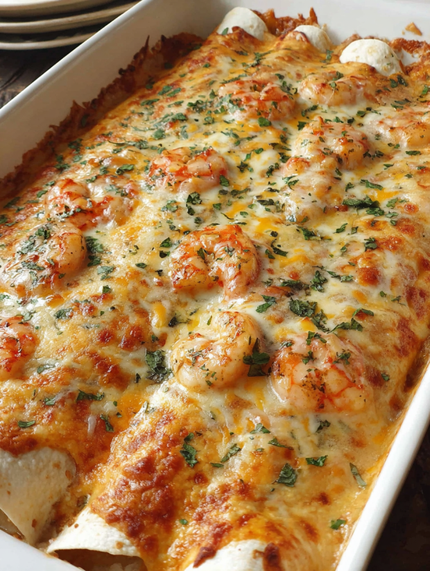 Eine Schüssel mit Shrimp Enchiladas, die in einem Bakeware-Behälter serviert werden.