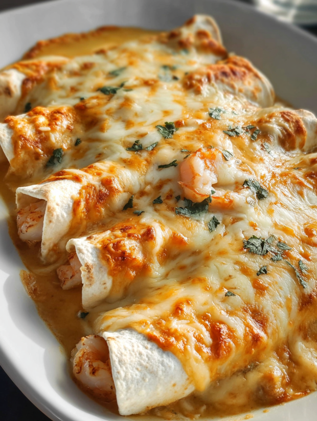 Eine Platte mit Shrimp Enchiladas, die mit Käse und Tomaten garniert sind.