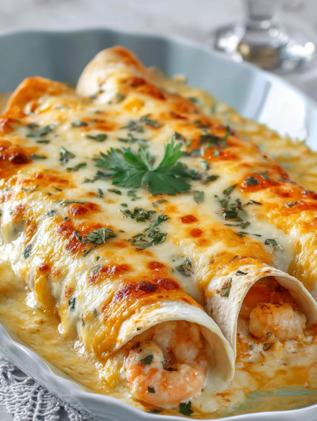 Eine Platte mit Shrimp Enchiladas, die aus Käse, Shrimp und Tomaten bestehen.