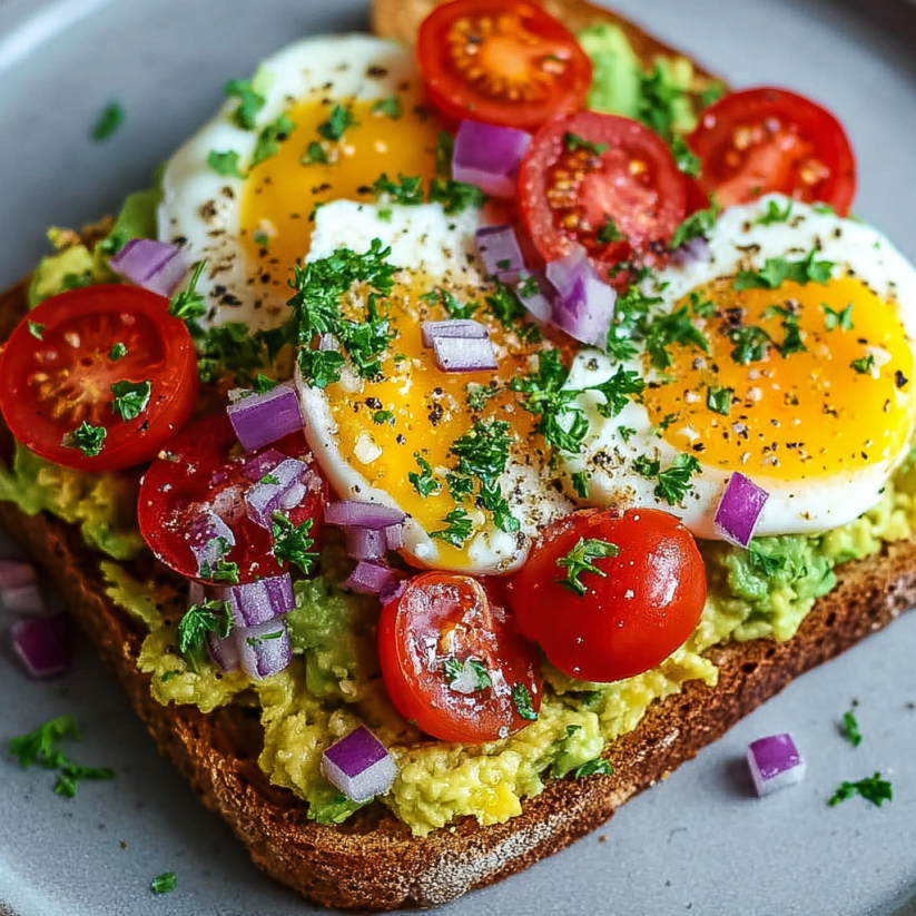 Ein Toast mit Avocado, Eiern und Tomaten.