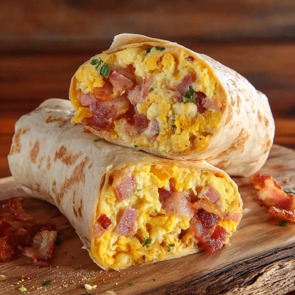 Zwei Breakfast Burritos mit Bacon und Eiern auf einem Brett.