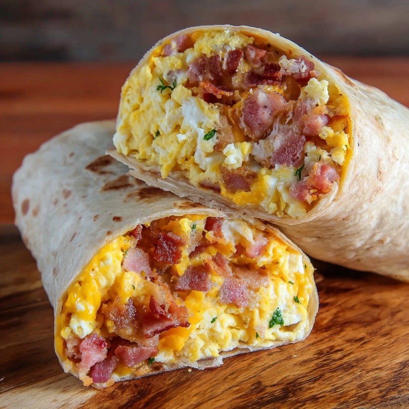 Zwei Burritos mit Bacon und Eiern auf einem Tisch.