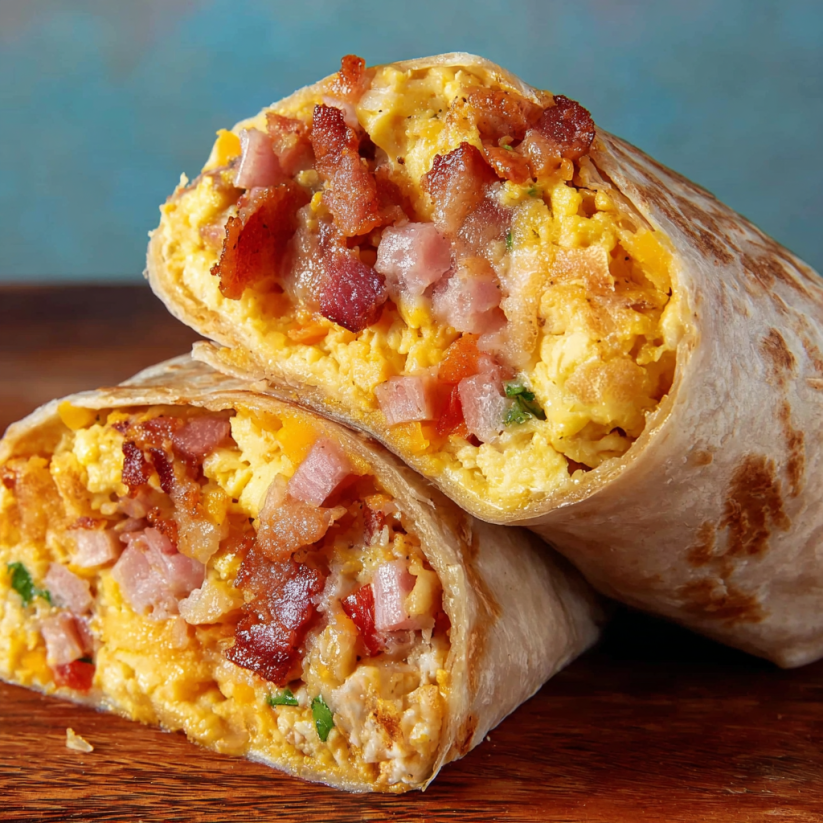 Zwei Breakfast Burritos mit Bacon und Eiern auf einem Tisch.